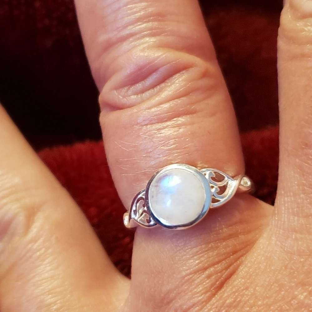 SOLDDainty Genuine Rainbow Moonstone Solitaire Ring in Sterling  Silver - Picture 4 of 9